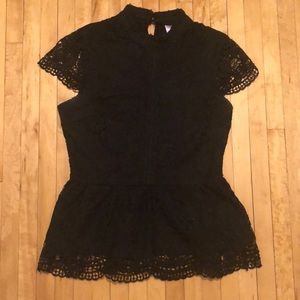 Black lace embroidered peplum shirt